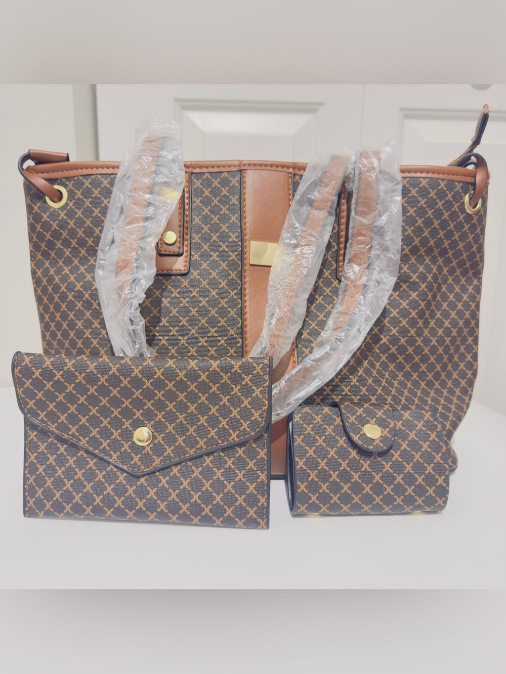 Classic Brown Patterned Tote with Matching Pouch - Brown
